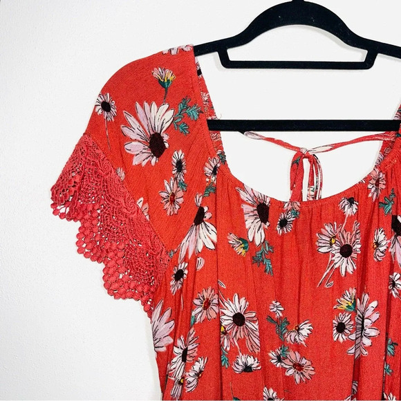 Maurices Burnt Orange Sunflower Print Lace Sleeve Tie Back Top Medium Women’s - Picture 4 of 12